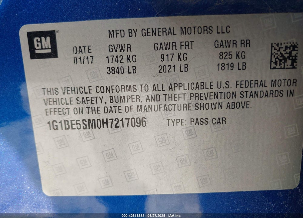 2017 CHEVROLET CRUZE VIN: 1G1BE5SM0H7217096