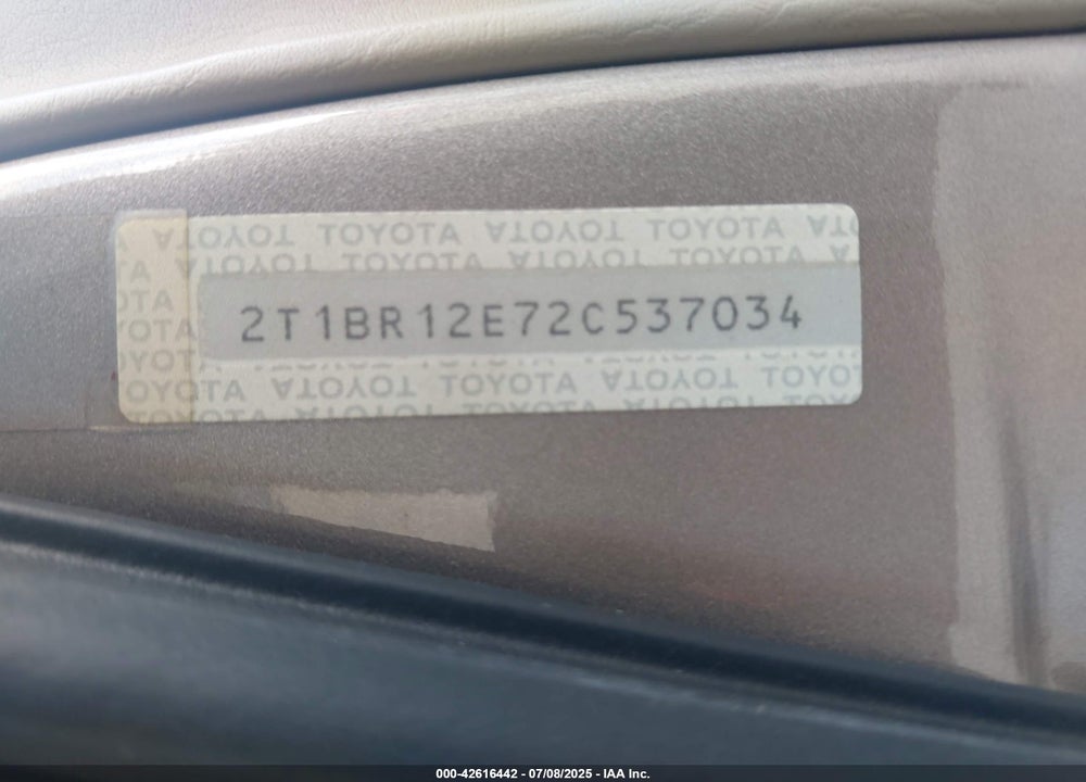 2002 TOYOTA COROLLA LE VIN: 2T1BR12E72C537034