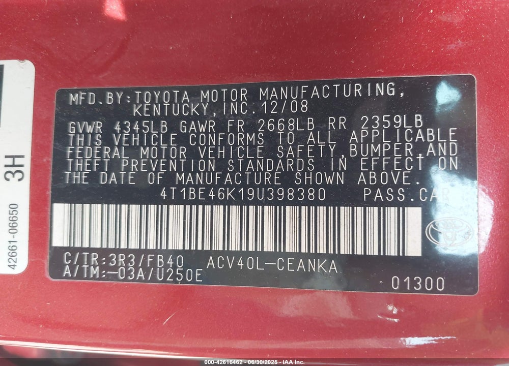 2009 TOYOTA CAMRY VIN: 4T1BE46K19U398380