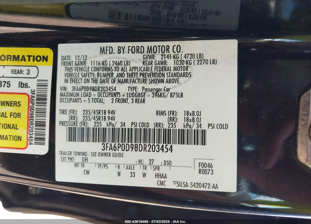 2013 FORD FUSION VIN: 3FA6P0D98DR203454
