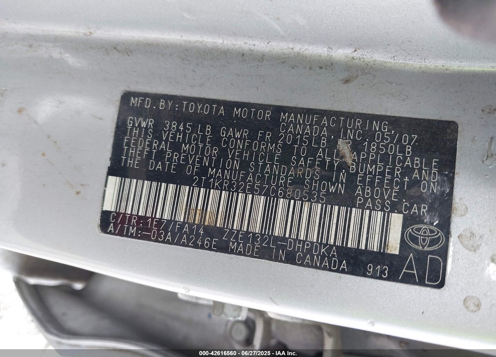 2007 TOYOTA MATRIX VIN: 2T1KR32E57C680535