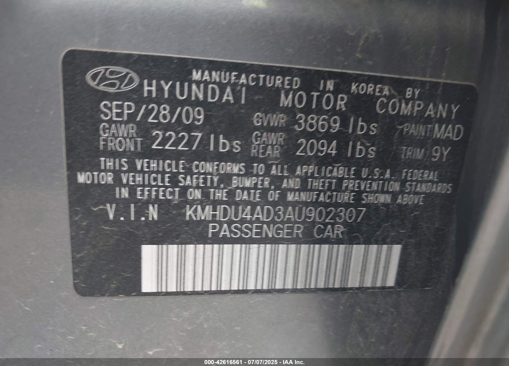 2010 HYUNDAI ELANTRA VIN: KMHDU4AD3AU902307