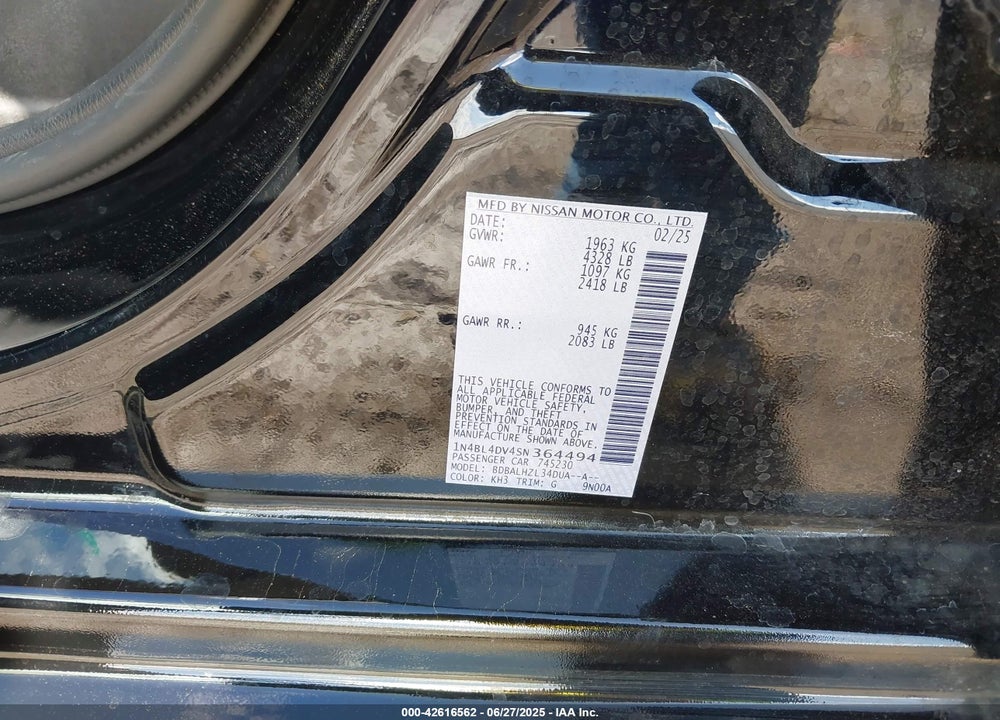 2025 NISSAN ALTIMA VIN: 1N4BL4DV4SN364494