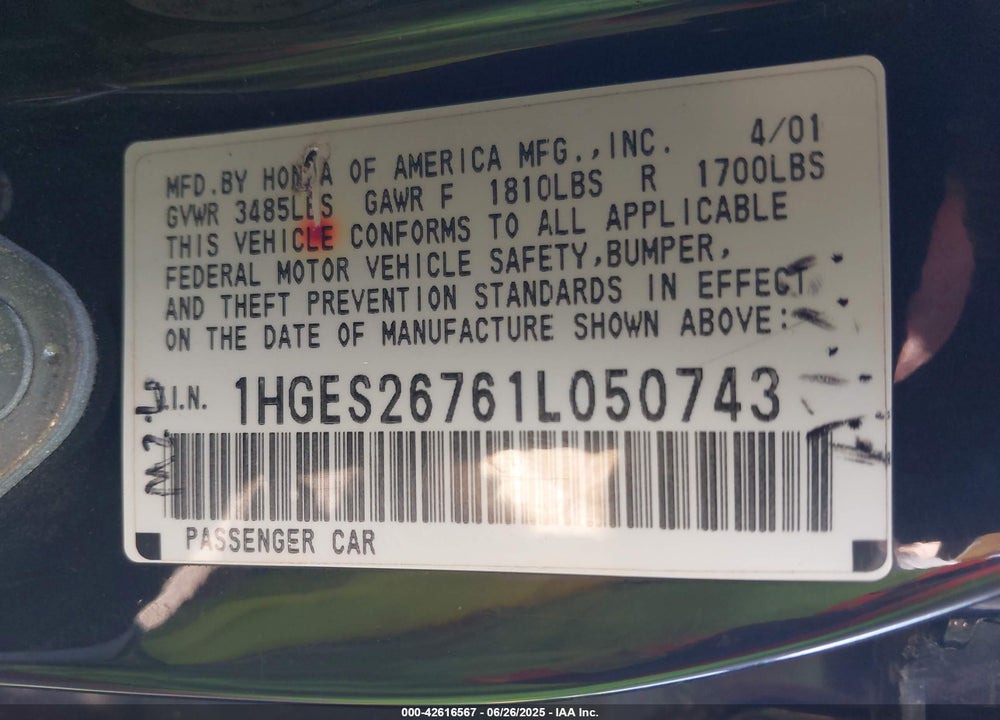 2001 HONDA CIVIC EX VIN: 1HGES26761L050743