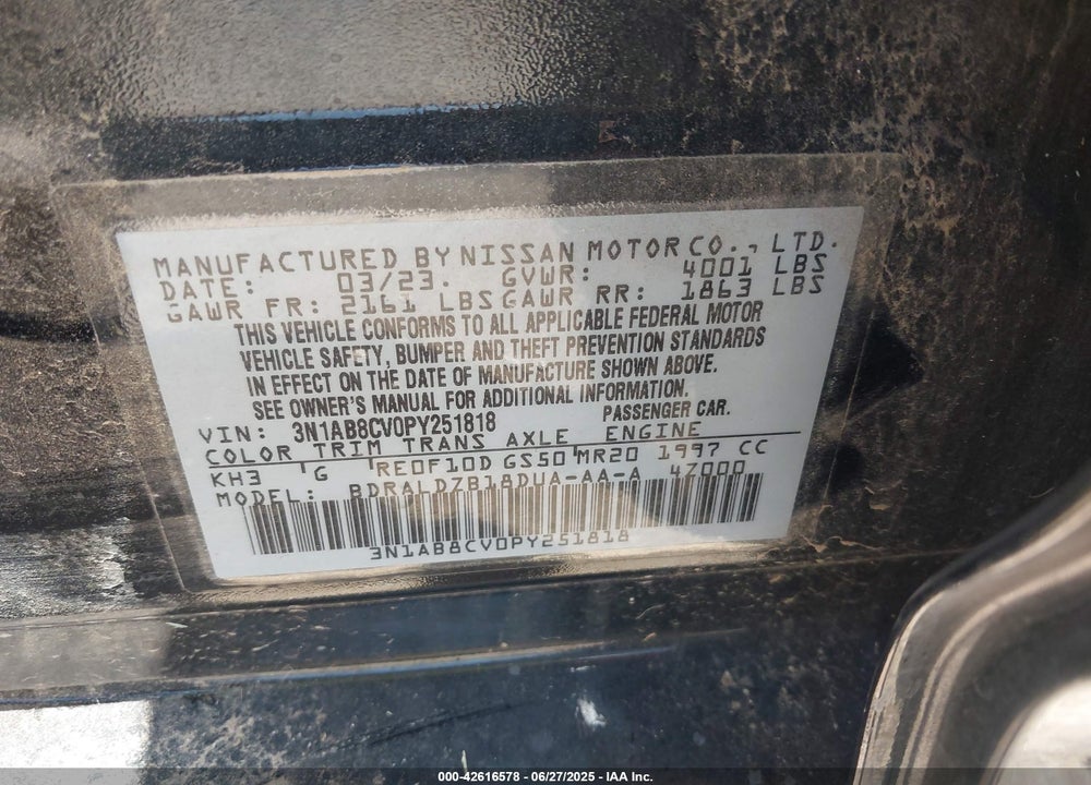 2023 NISSAN SENTRA VIN: 3N1AB8CV0PY251818