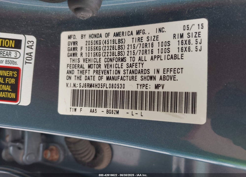 2015 HONDA CR-V LX VIN: 5J6RM4H35FL080530