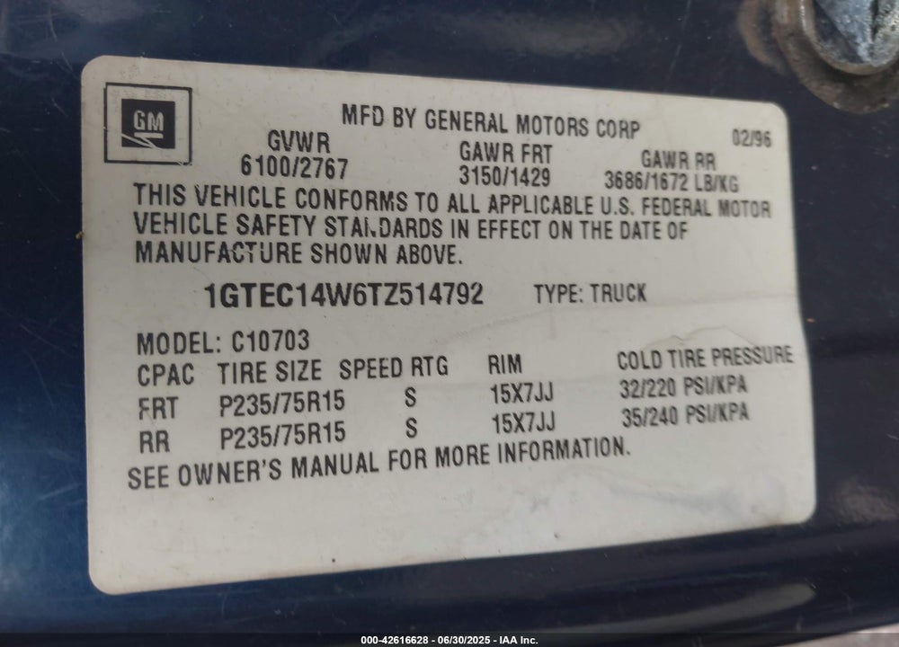 1996 GMC SIERRA C1500 VIN: 1GTEC14W6TZ514792