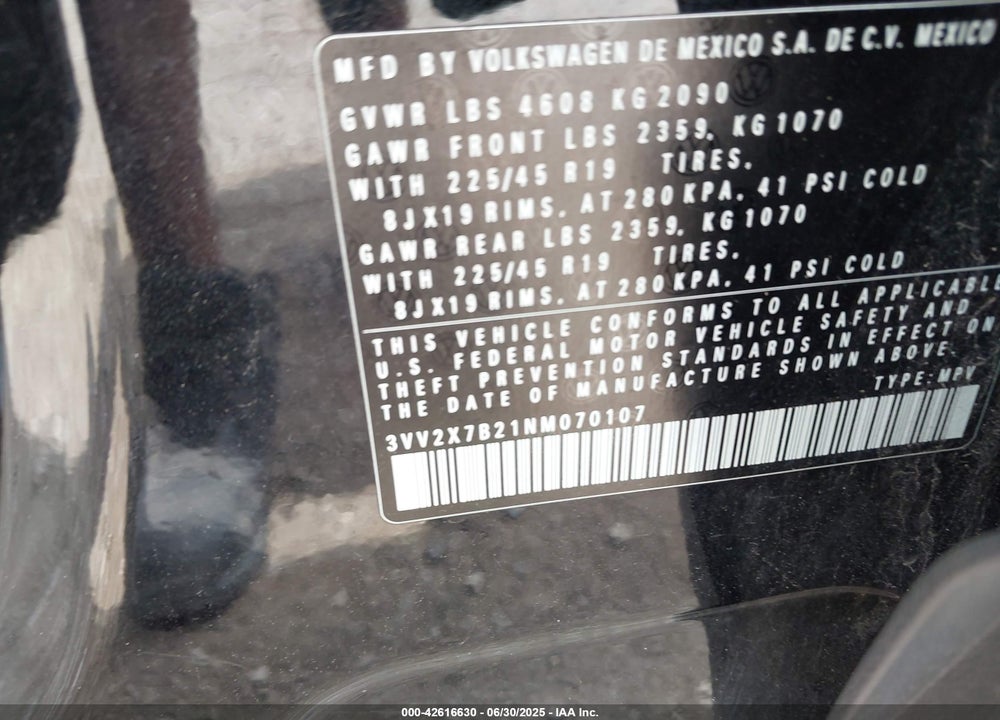 2022 VOLKSWAGEN TAOS VIN: 3VV2X7B21NM070107