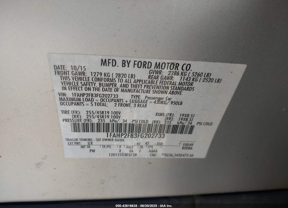 2015 FORD TAURUS VIN: 1FAHP2F83FG202733