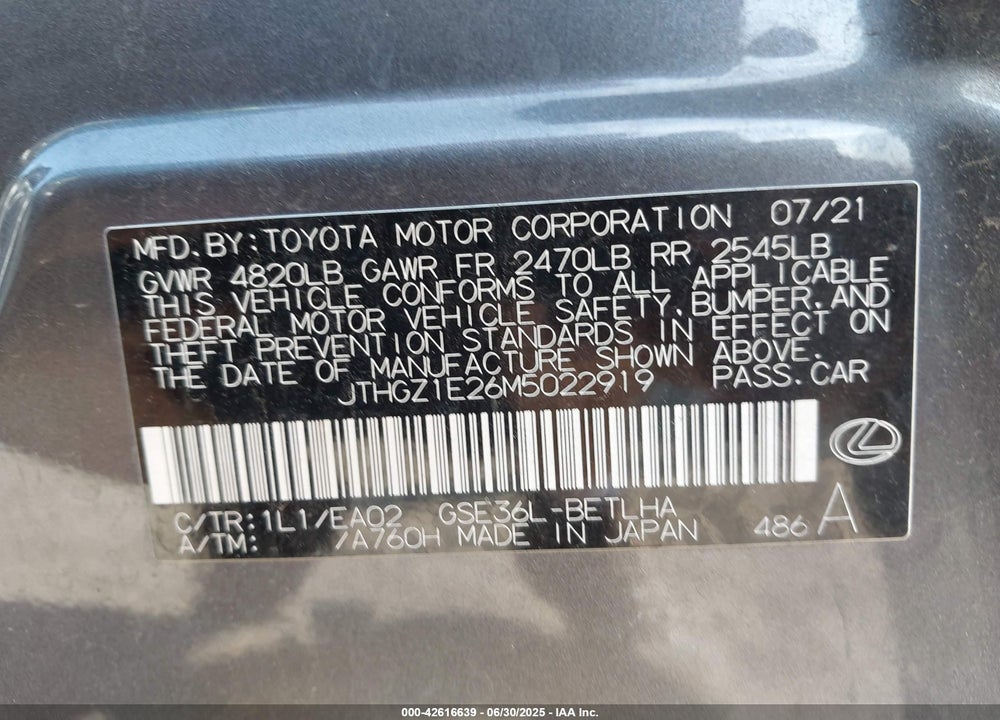 2021 LEXUS IS 350 VIN: JTHGZ1E26M5022919