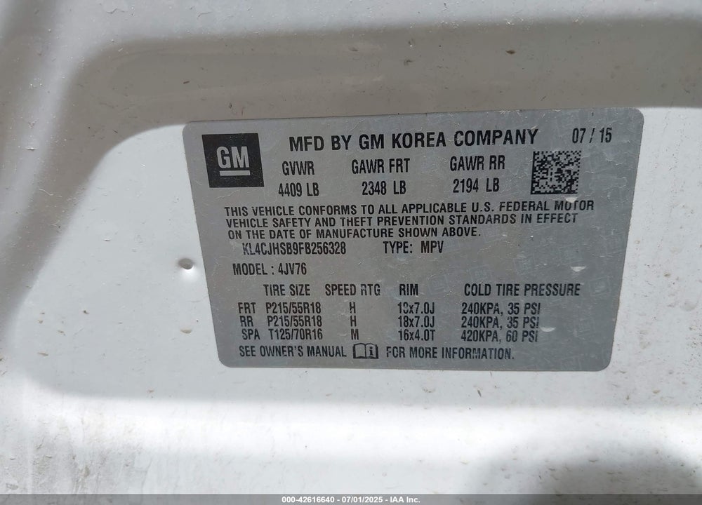 2015 BUICK ENCORE VIN: KL4CJHSB9FB256328