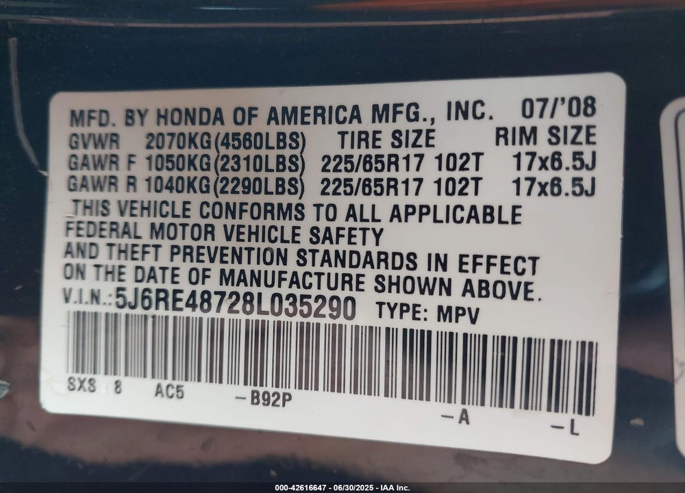 2008 HONDA CR-V EX-L VIN: 5J6RE48728L035290