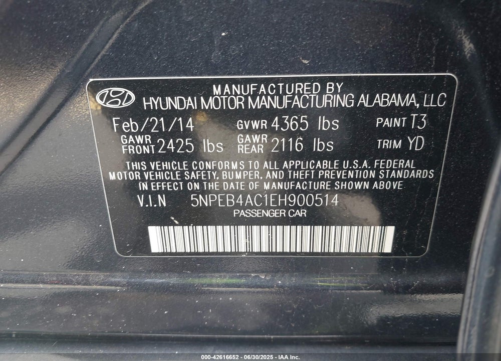 2014 HYUNDAI SONATA VIN: 5NPEB4AC1EH900514