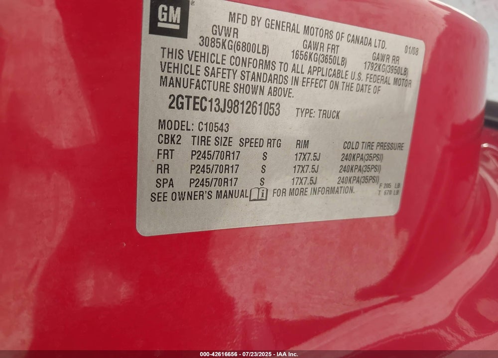 2008 GMC SIERRA 1500 VIN: 2GTEC13J981261053