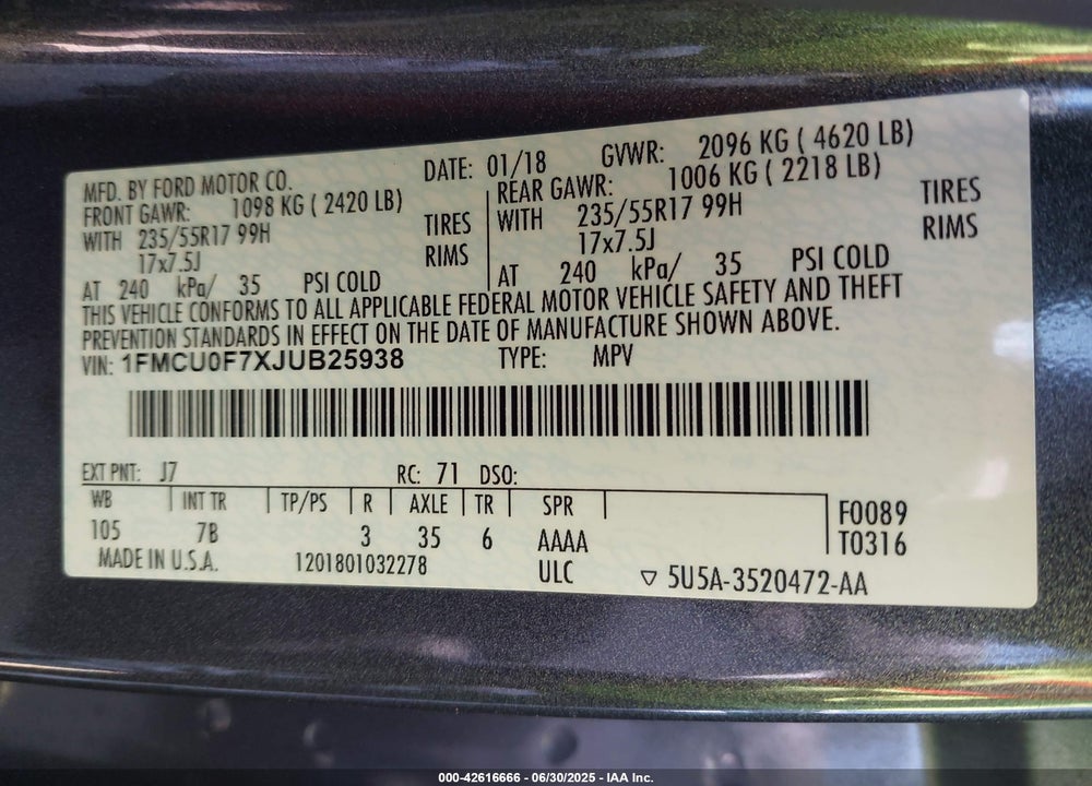 2018 FORD ESCAPE VIN: 1FMCU0F7XJUB25938