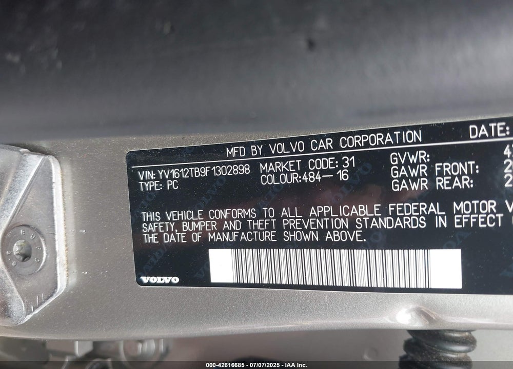 2015 VOLVO S60 VIN: YV1612TB9F1302898