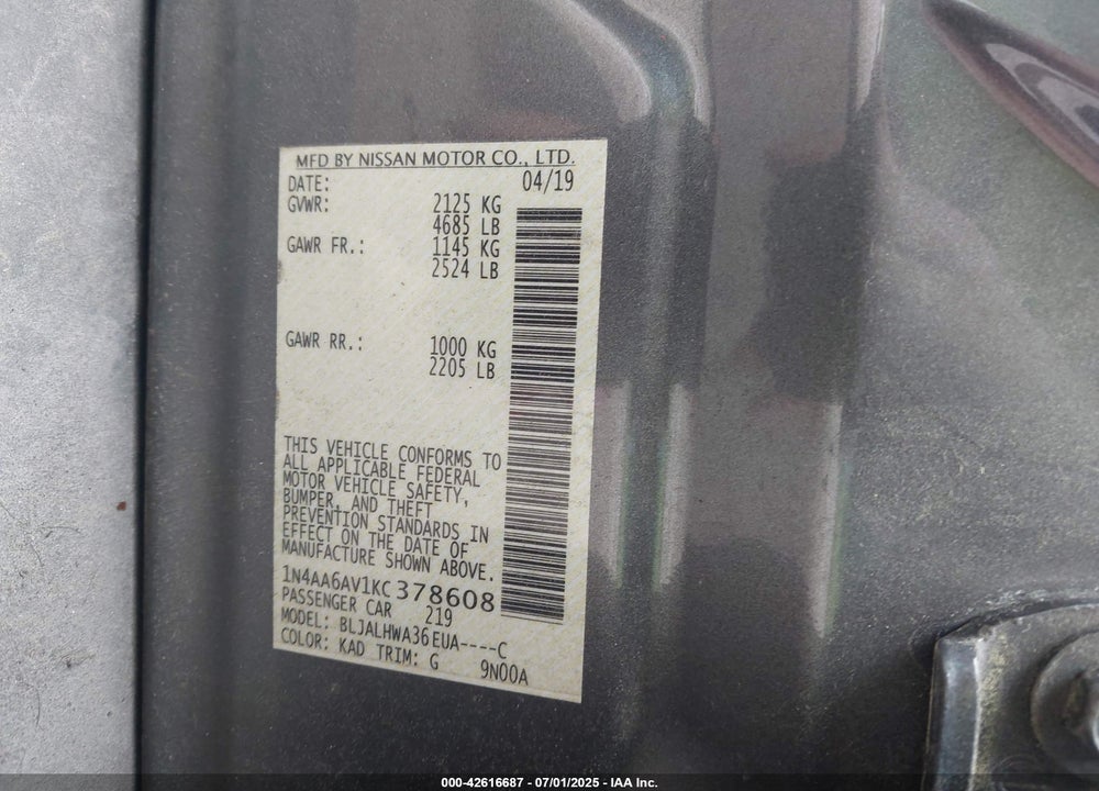 2019 NISSAN MAXIMA VIN: 1N4AA6AV1KC378608