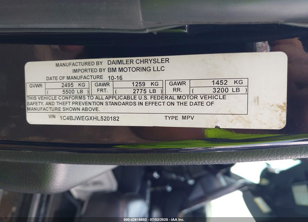 2017 JEEP WRANGLER UNLIMITED VIN: 1C4BJWEGXHL520182
