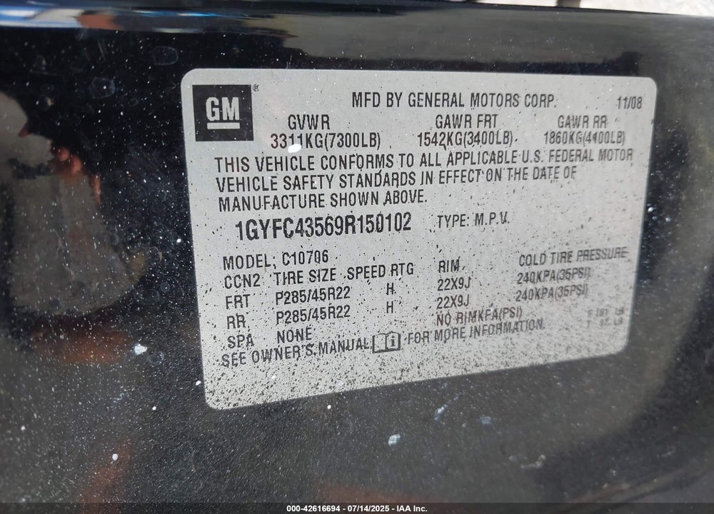 2009 CADILLAC ESCALADE HYBRID VIN: 1GYFC43569R150102