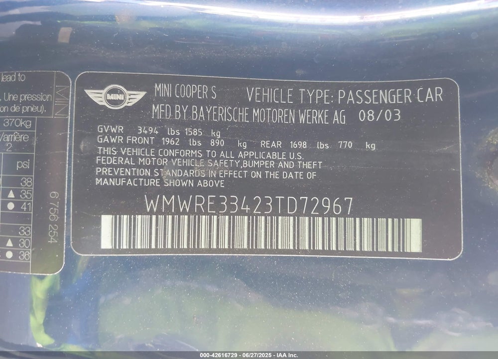 2003 MINI COOPER S VIN: WMWRE33423TD72967