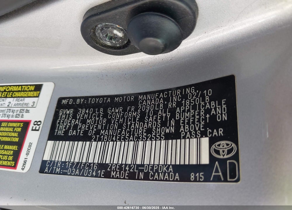 2010 TOYOTA COROLLA LE VIN: 2T1BU4EE5AC352555