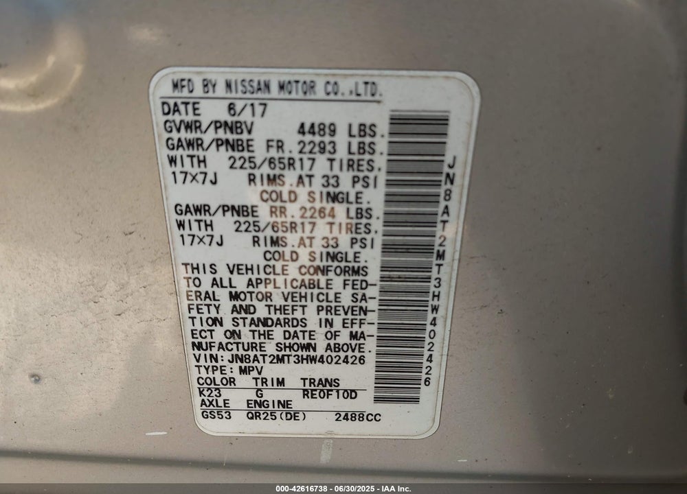 2017 NISSAN ROGUE VIN: JN8AT2MT3HW402426