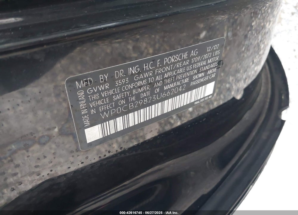 2003 PORSCHE BOXSTER S VIN: WP0CB29823U662042