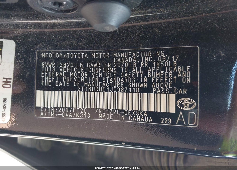 2018 TOYOTA COROLLA VIN: 2T1BURHE1JC987118