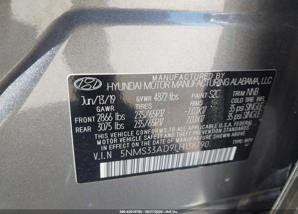 2020 HYUNDAI SANTA FE VIN: 5NMS33AD9LH138790
