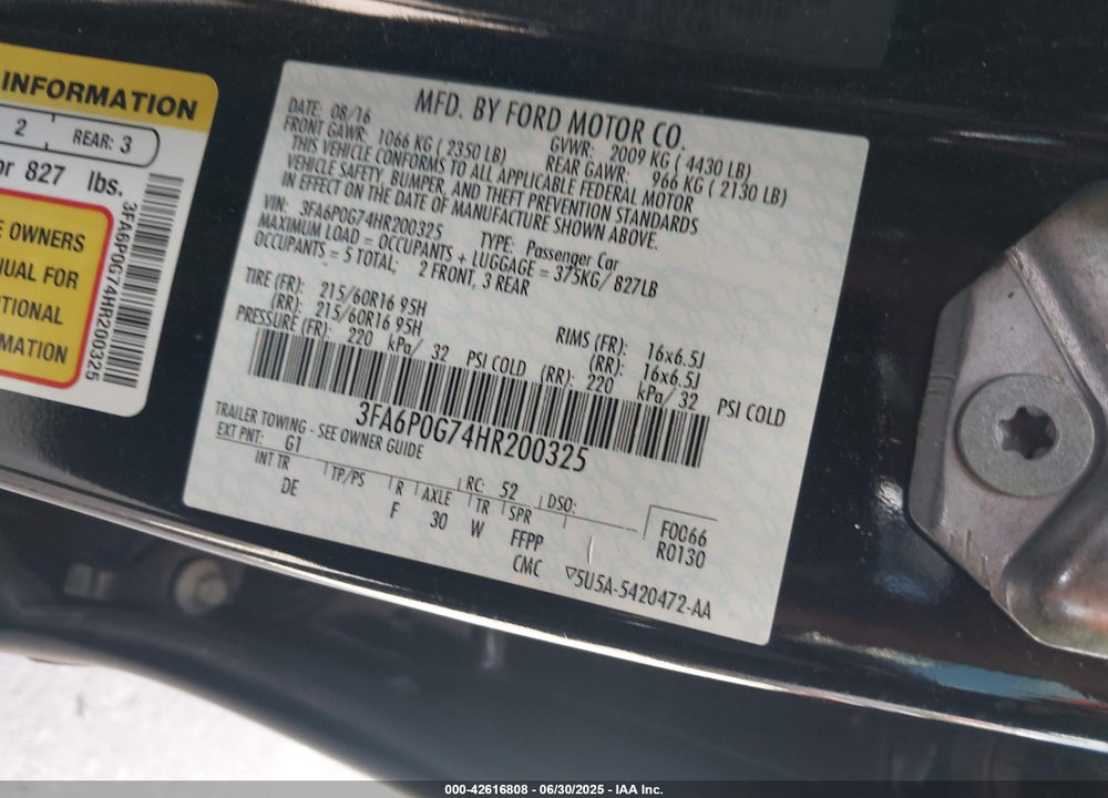 2017 FORD FUSION VIN: 3FA6P0G74HR200325