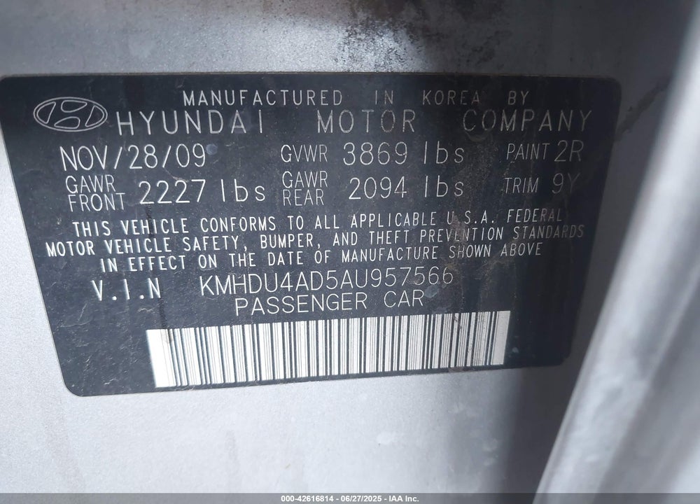 2010 HYUNDAI ELANTRA VIN: KMHDU4AD5AU957566