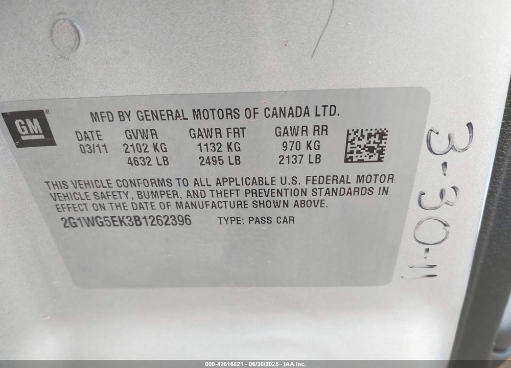 2011 CHEVROLET IMPALA VIN: 2G1WG5EK3B1262396