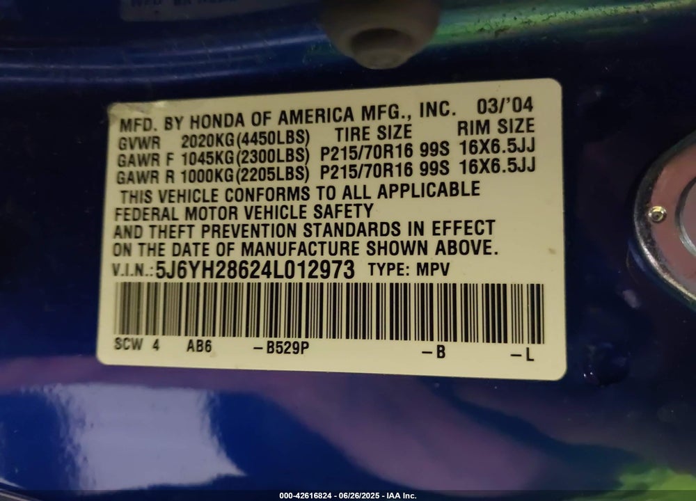 2004 HONDA ELEMENT EX VIN: 5J6YH28624L012973