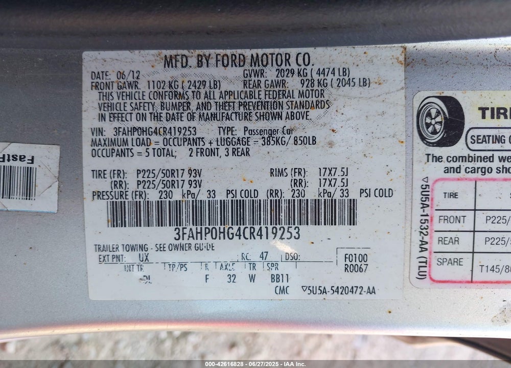 2012 FORD FUSION VIN: 3FAHP0HG4CR419253