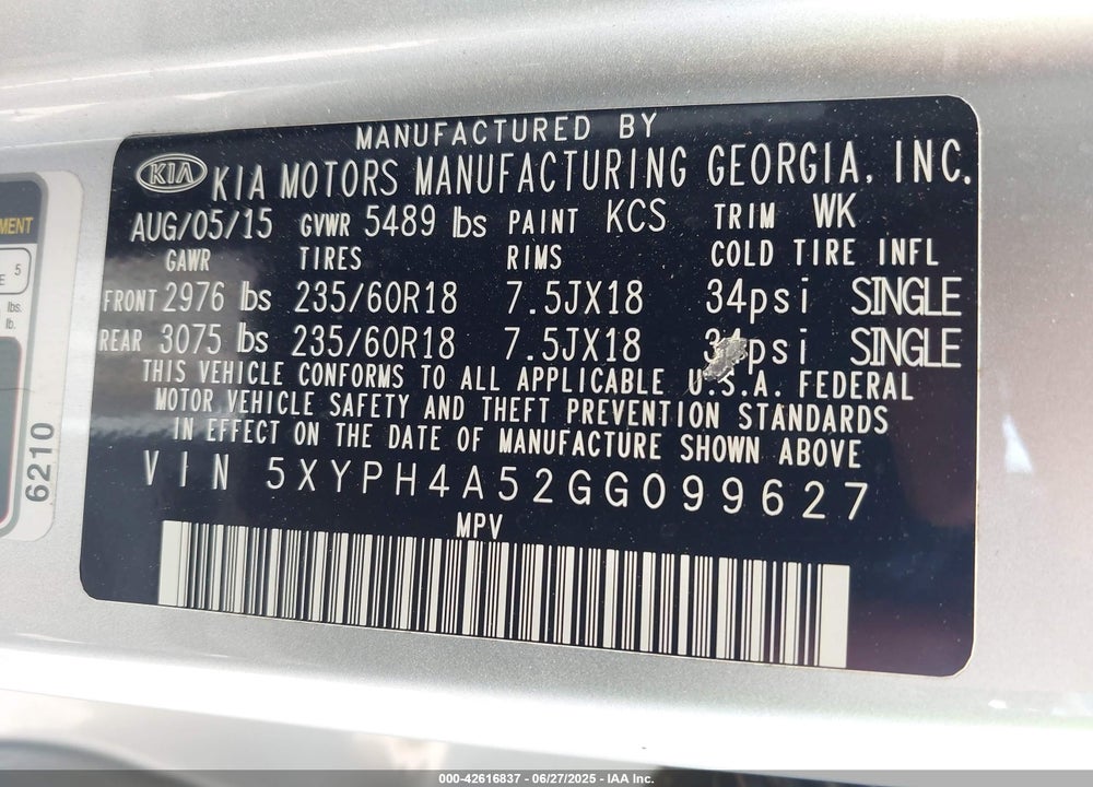 2016 KIA SORENTO VIN: 5XYPH4A52GG099627