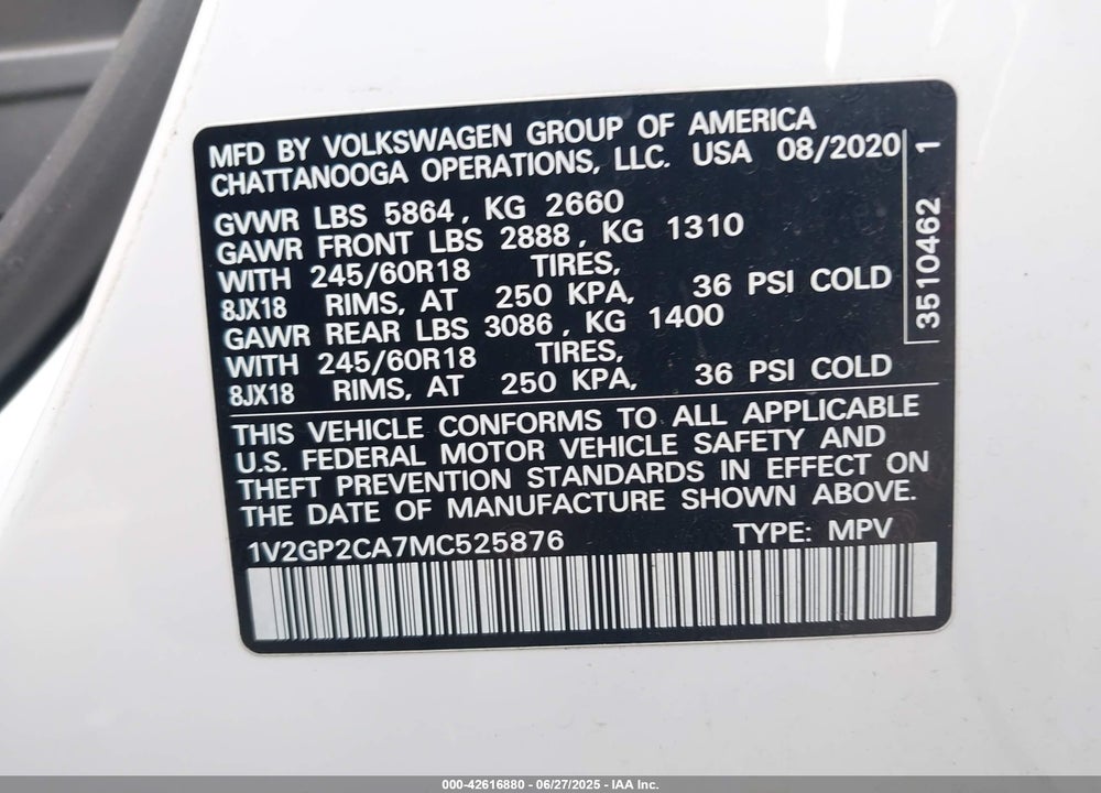 2021 VOLKSWAGEN ATLAS VIN: 1V2GP2CA7MC525876