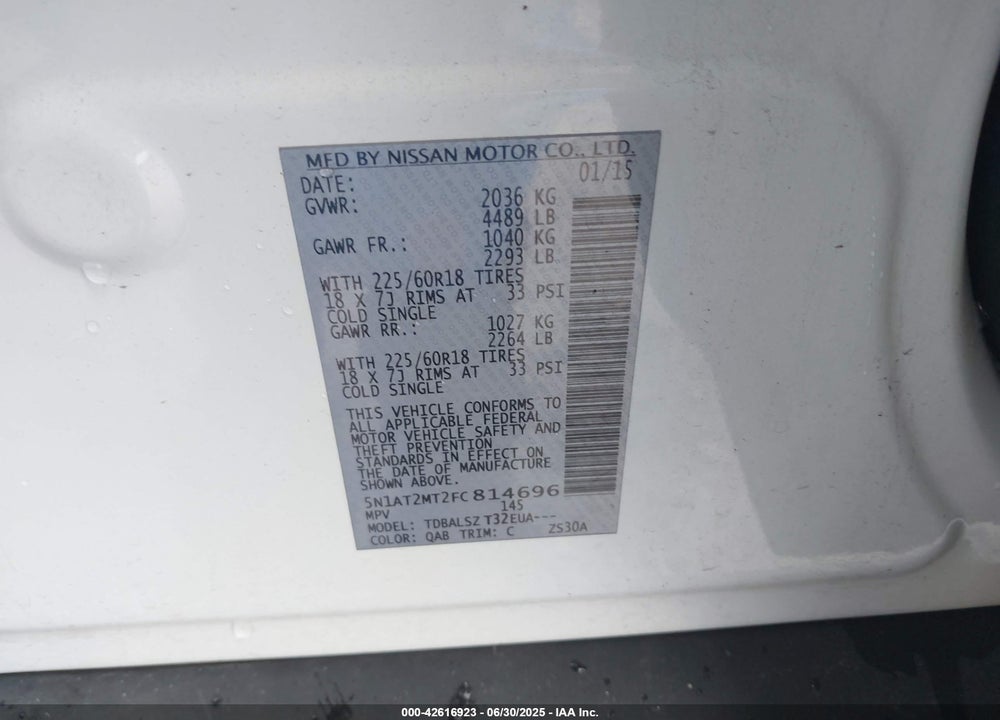 2015 NISSAN ROGUE VIN: 5N1AT2MT2FC814696