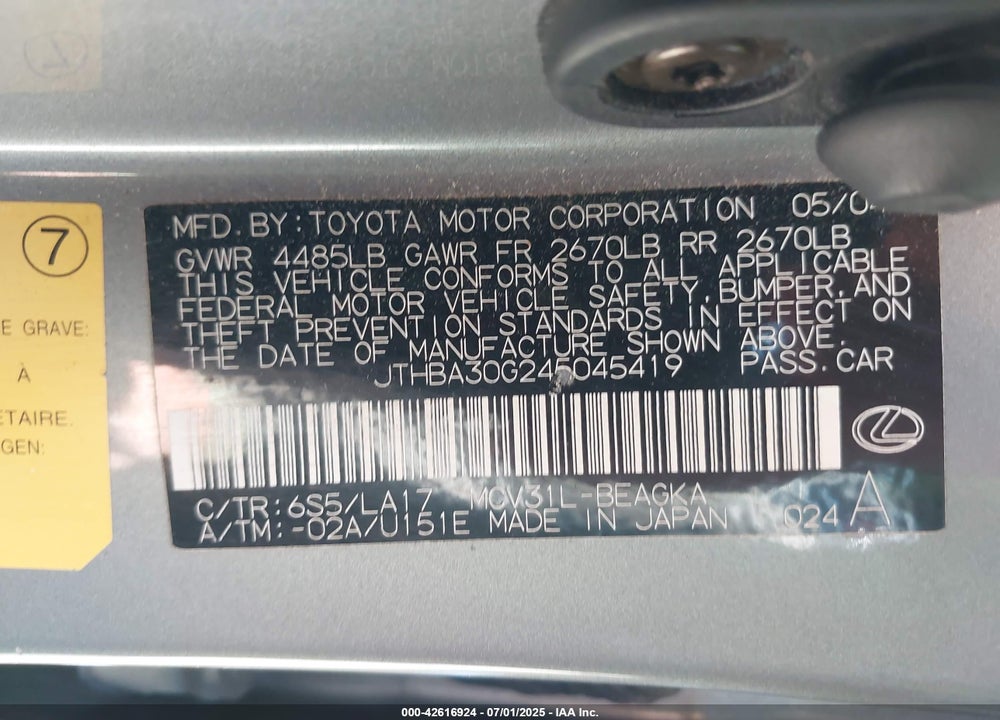 2004 LEXUS ES 330 VIN: JTHBA30G245045419