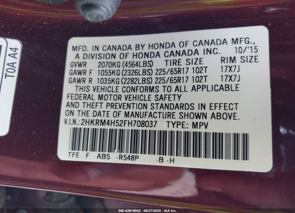 2015 HONDA CR-V VIN: 2HKRM4H52FH708037