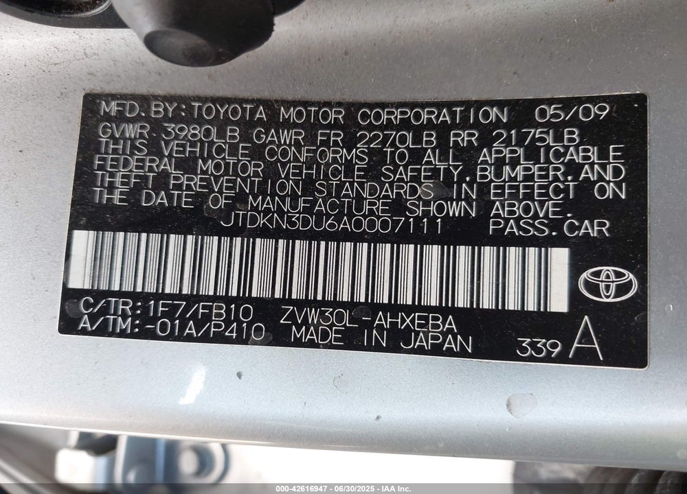 2010 TOYOTA PRIUS VIN: JTDKN3DU6A0007111