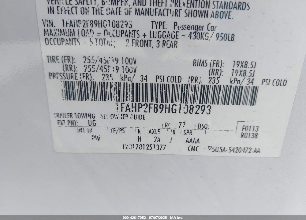 2017 FORD TAURUS VIN: 1FAHP2F89HG108293