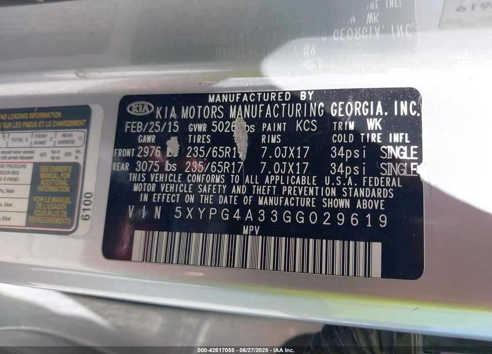 2016 KIA SORENTO 2.4L L VIN: 5XYPG4A33GG029619