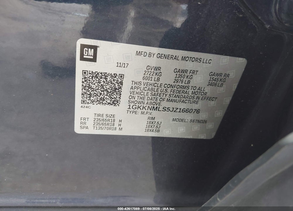 2018 GMC ACADIA VIN: 1GKKNMLS5JZ166076