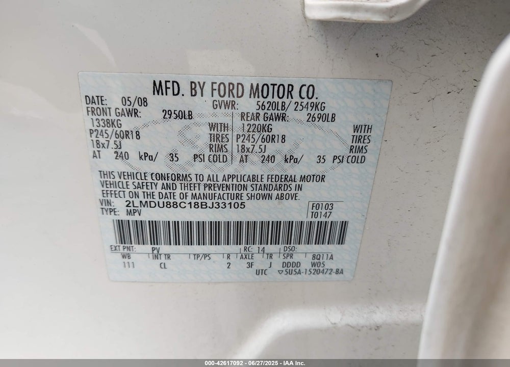 2008 LINCOLN MKX VIN: 2LMDU88C18BJ33105