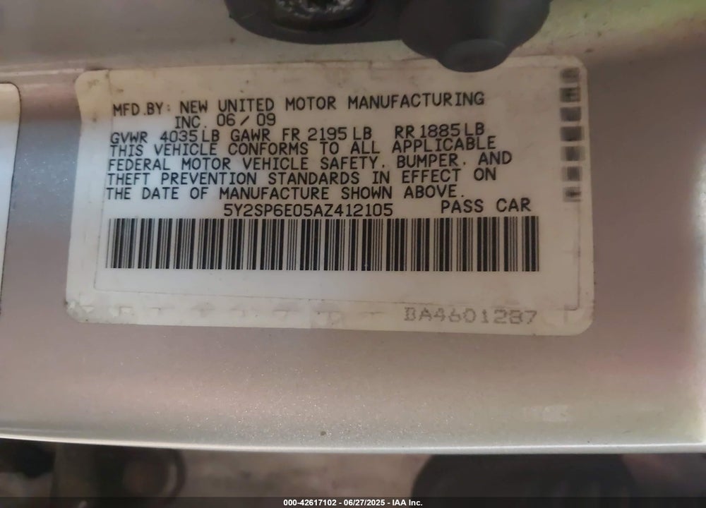 2010 PONTIAC VIBE VIN: 5Y2SP6E05AZ412105