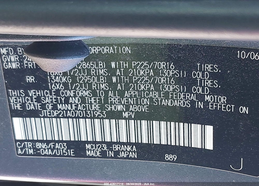 2007 TOYOTA HIGHLANDER V6 VIN: JTEDP21A070131953