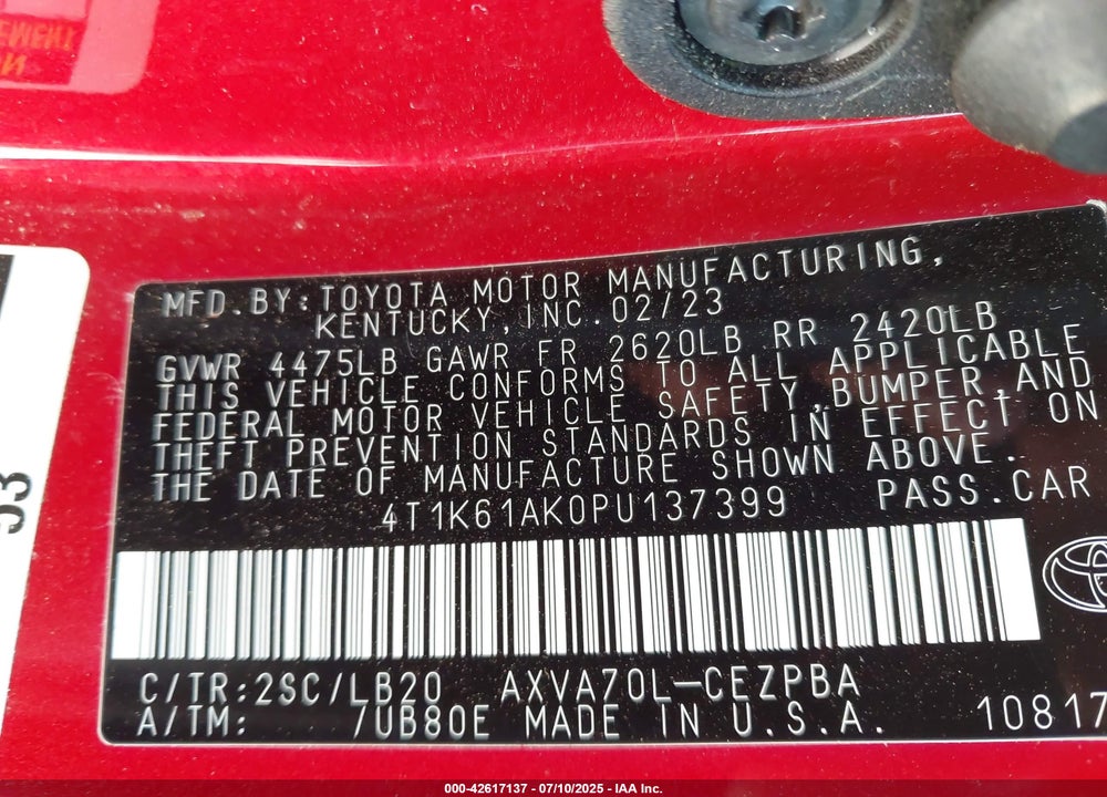 2023 TOYOTA CAMRY VIN: 4T1K61AK0PU137399