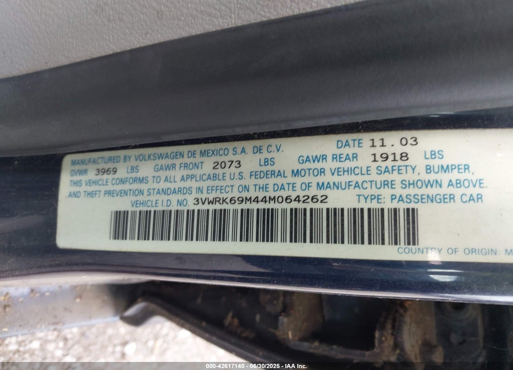 2004 VOLKSWAGEN JETTA GL VIN: 3VWRK69M44M064262
