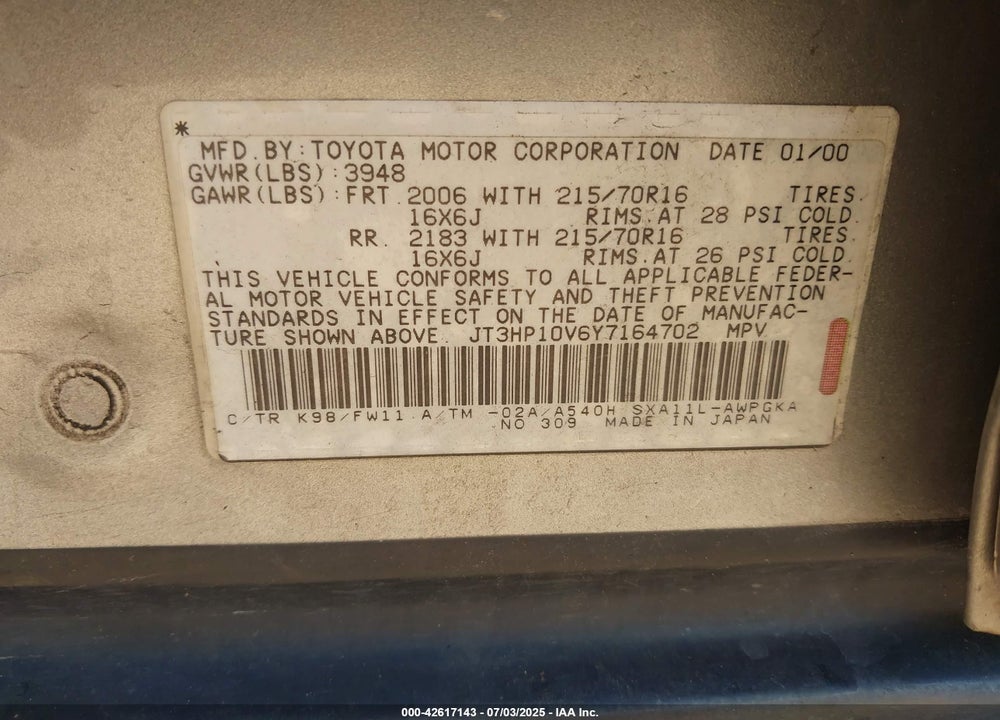2000 TOYOTA RAV4 VIN: JT3HP10V6Y7164702