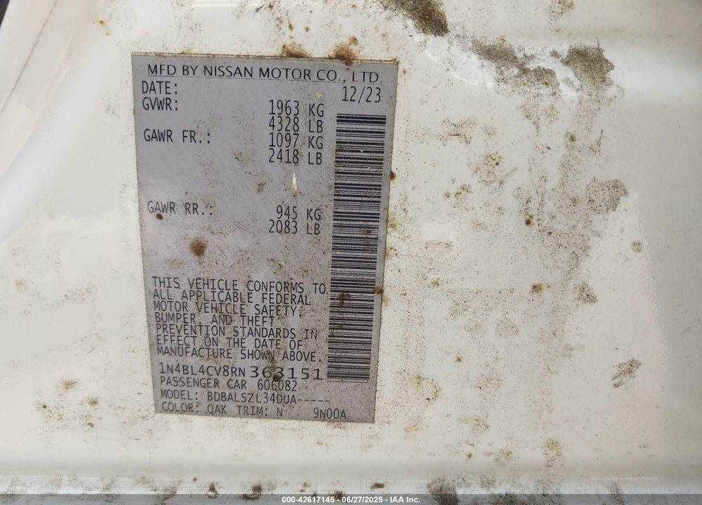 2024 NISSAN ALTIMA VIN: 1N4BL4CV8RN363151